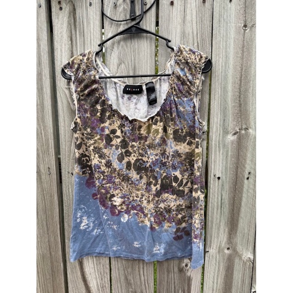 Boho Y2K Axcess Floral Cap Sleeve Top M Blue Purple Earthy Ruffle Scoop Neck